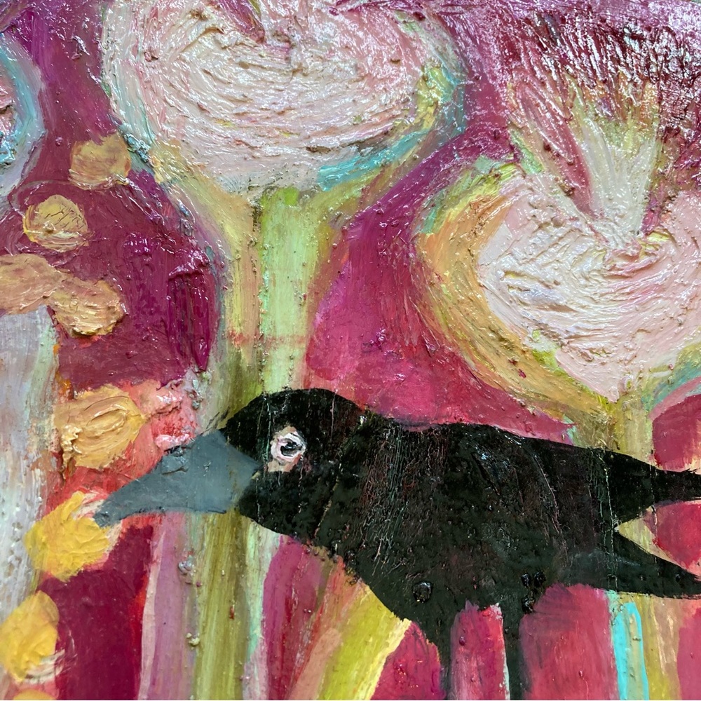 The Scarlet Forrest 2 ”An Original Oil Painting 12”x12 Crow on Birchwood - Picture 6 of 11